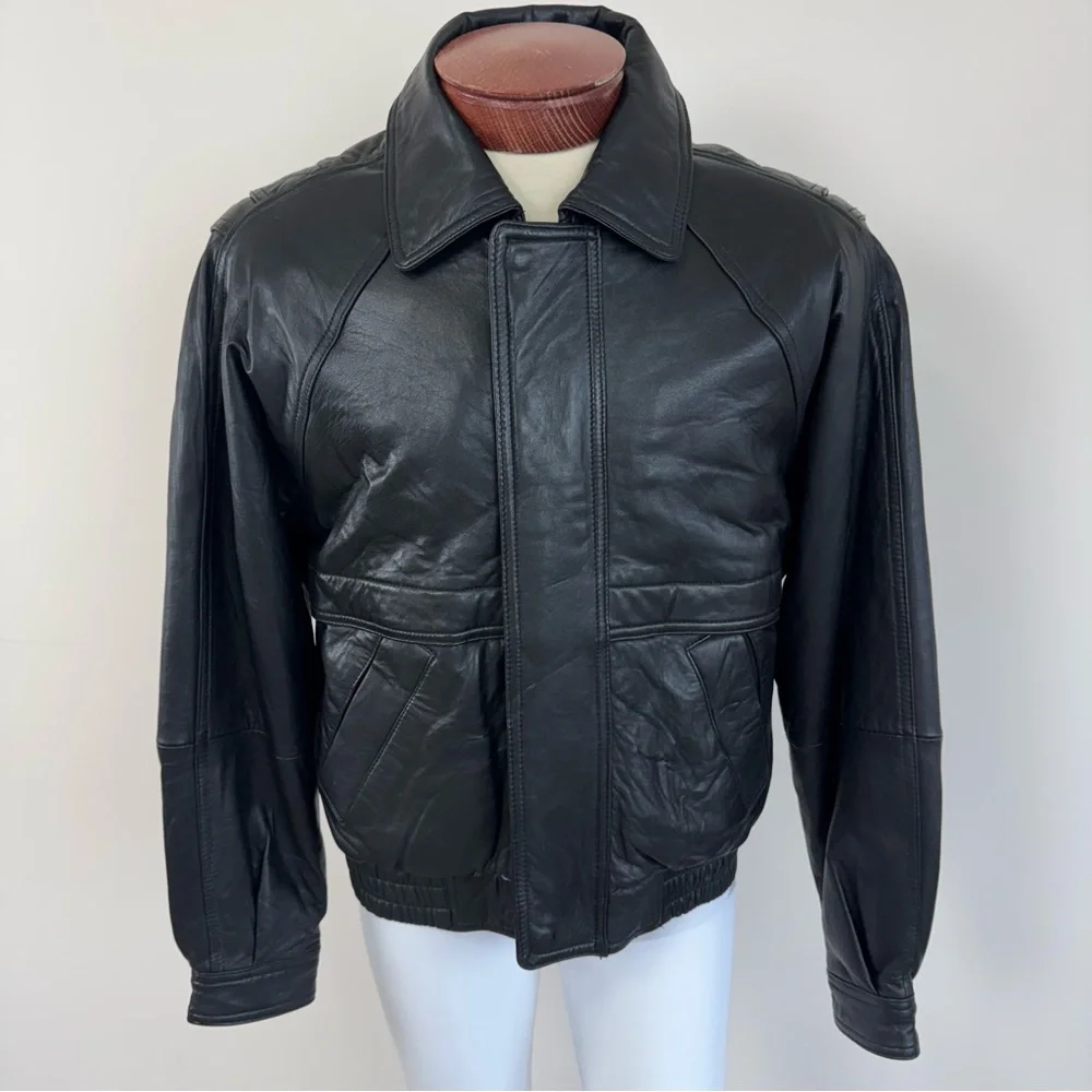 London Fog Black Genuine Leather Bomber Jacket Sz S - Picture 14 of 15